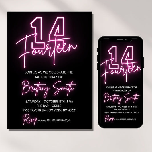 14th Birthday Invitation, Pink Neon Birthday Invitation, Fourteen Birthday, Birthday Invite Girl, Teenage, Digital Invitation, Editable