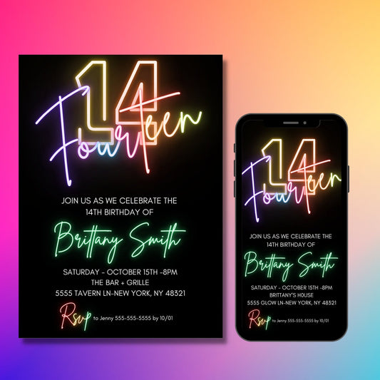 14th Birthday Invitation for girl, Rainbow, Editable Template, 14 Bday Invites, Neon Light, Digital File, Instant Download