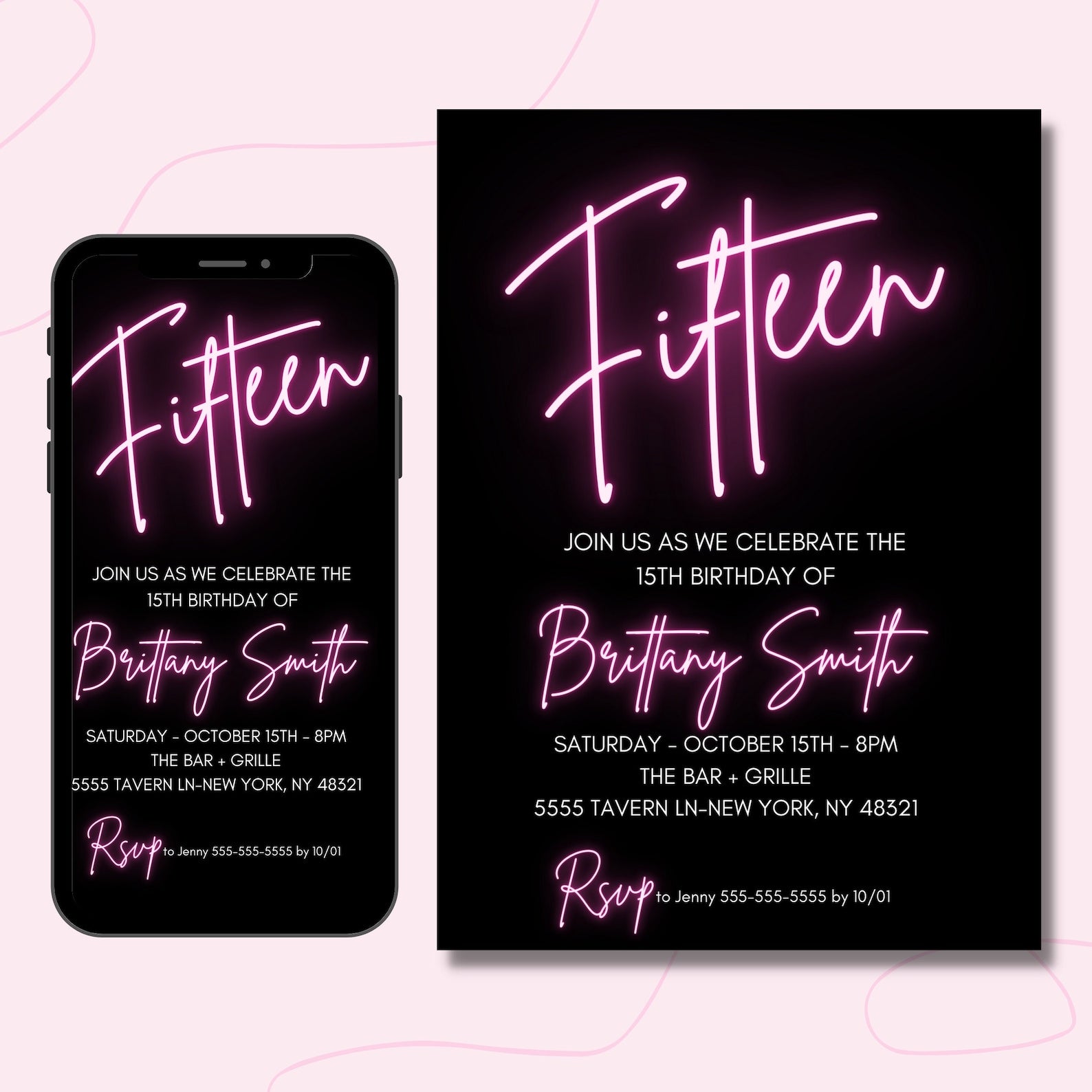 15th Birthday Invitation for girl, Template, Teen Bday, Neon Light, Hot Pink, Instant Download Invites, 15, Fifteen, Editable Template