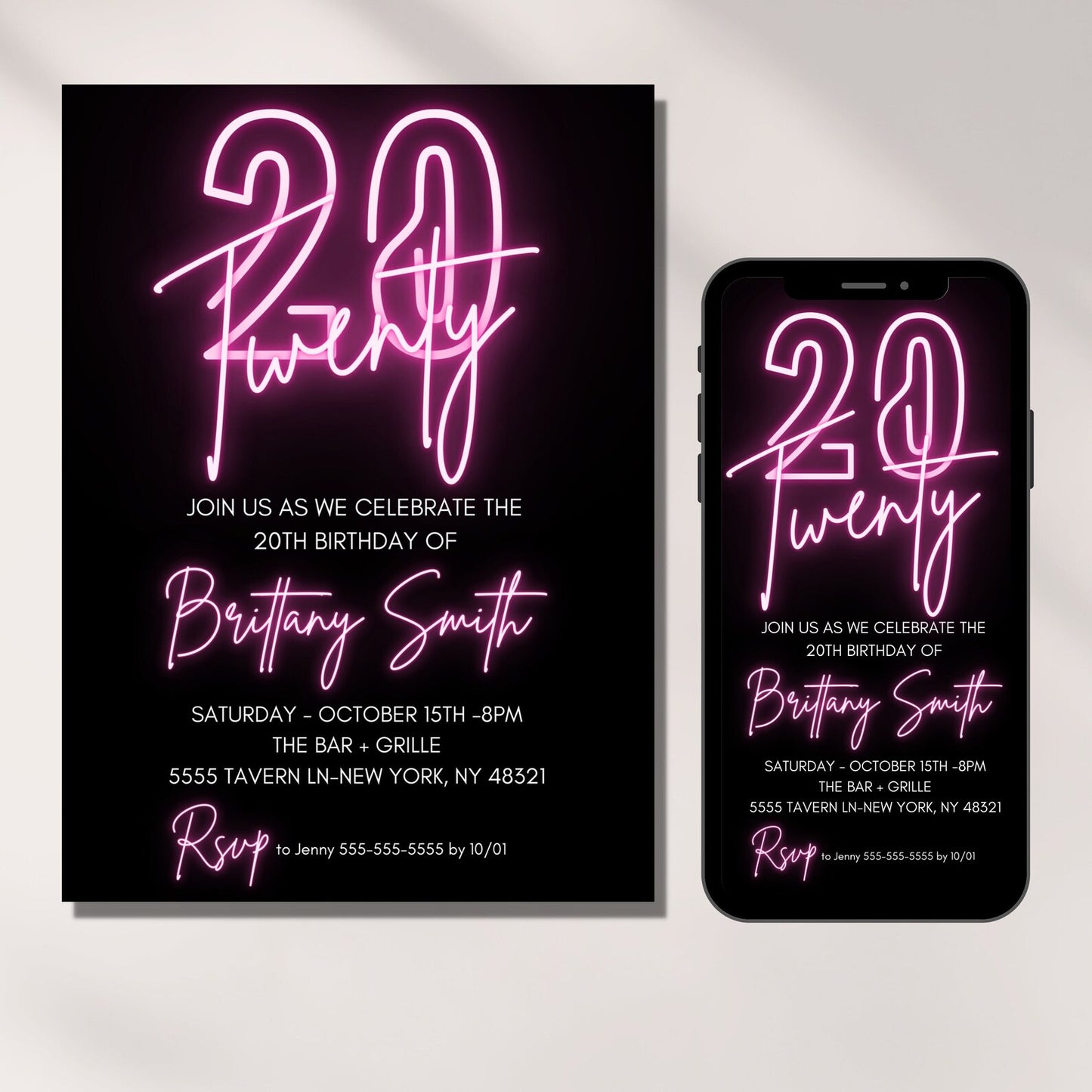 20th Birthday Invitation, Twenty Birthday, Pink Neon Birthday Invitation, Birthday Invite for Women, Digital Invitation, Editable
