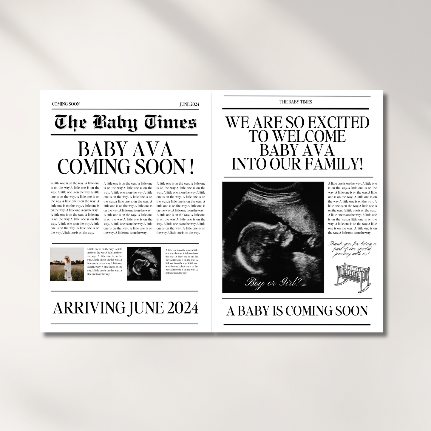 Newspaper Baby Announcement, Canva Newspaper Pregnancy Announcement, Pregnancy announcement newspaper, Newspaper baby shower
