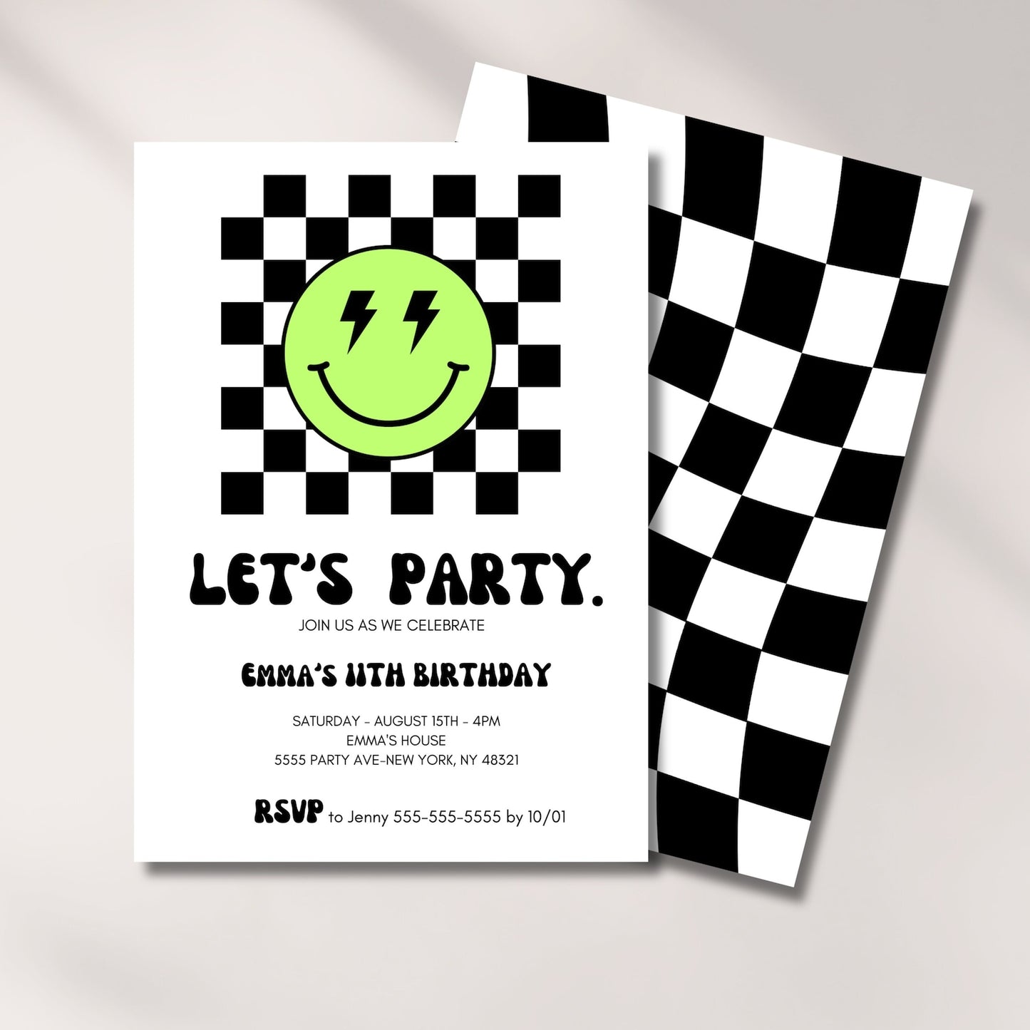 Birthday Invitation Girl or Boy, Smiley Face, Checkered Invite, Digital Template, 5th, 7th, 10, 13th, Kids Bday Party, Cool, Editable