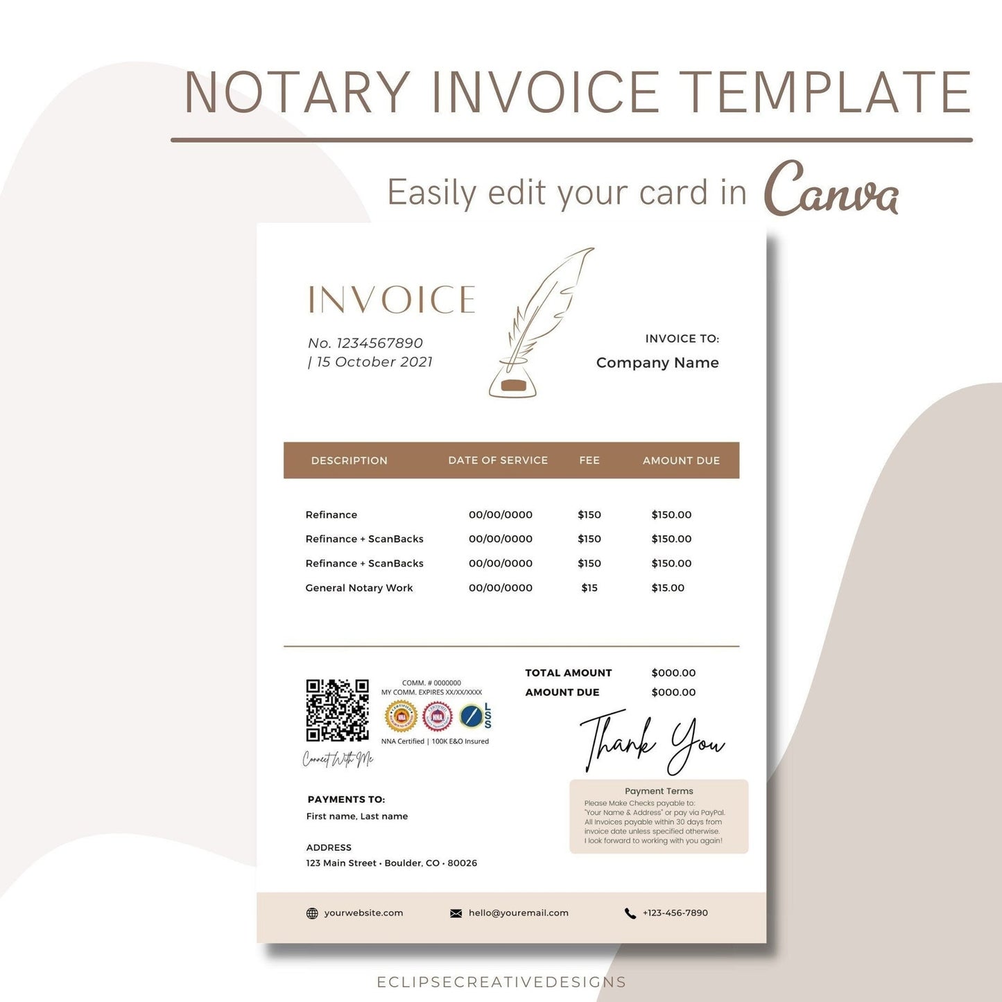 Notary Invoice Template | Invoice for Notary Public | Loan Signing Agent Invoice | Loan Signing Agent Supplies