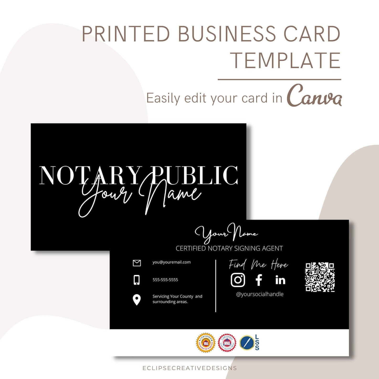 Printed Notary Business Card Made With Canva, Canva Template For Notary Signing Agents, Professional Notary Business Card, Notary Branding