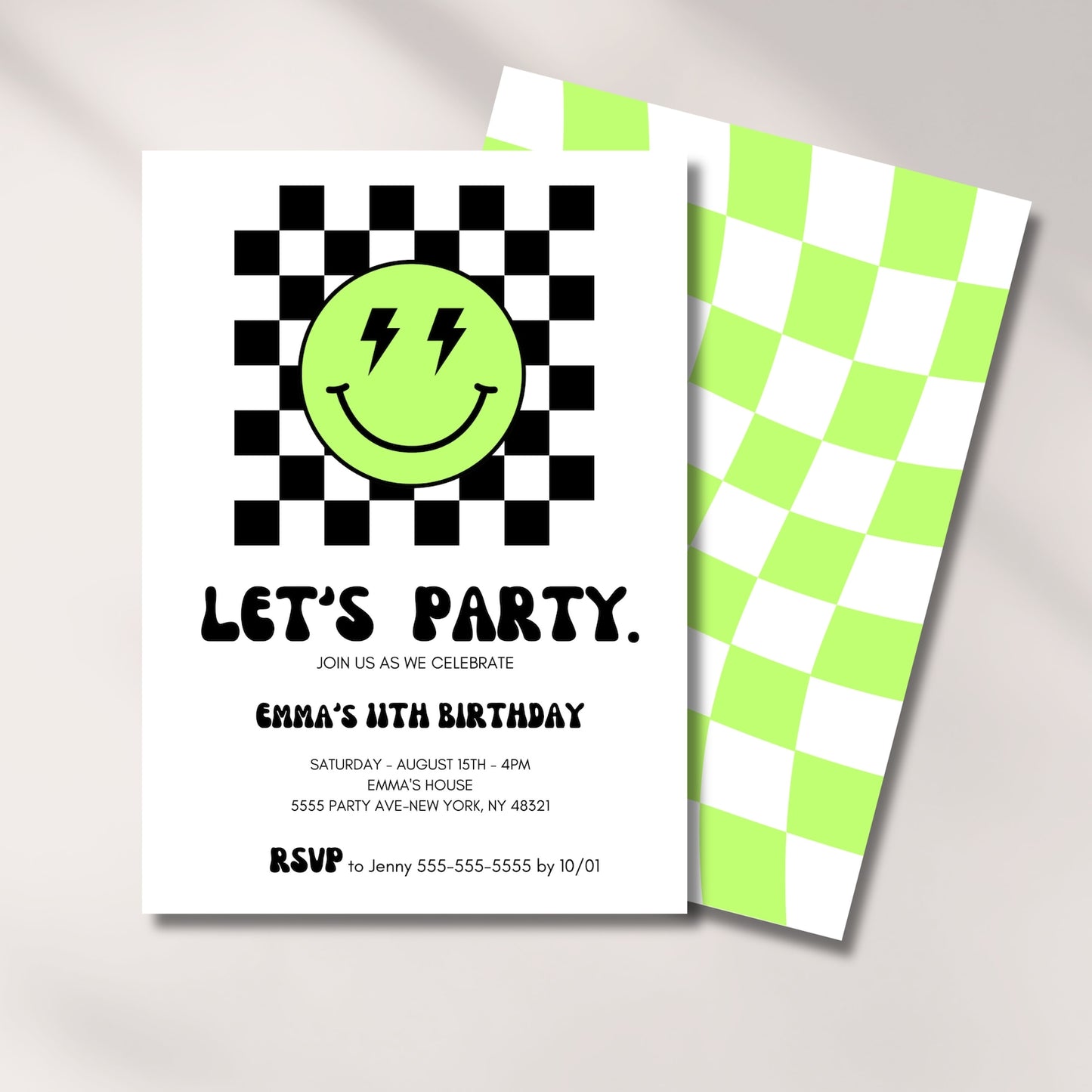 Birthday Invitation Girl or Boy, Smiley Face, Checkered Invite, Digital Template, 5th, 7th, 10, 13th, Kids Bday Party, Cool, Editable