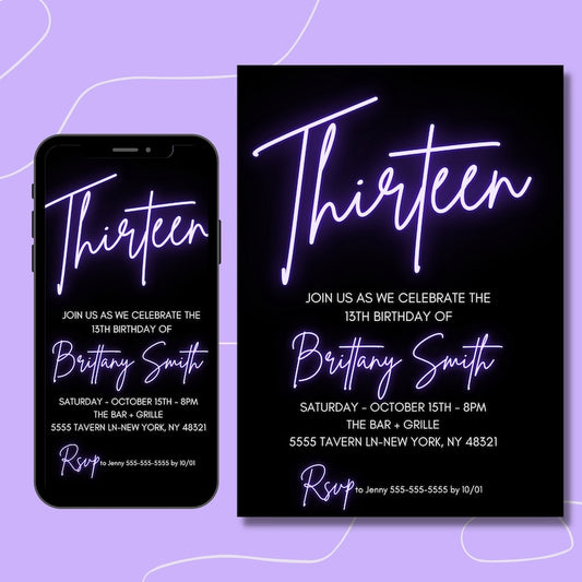 13th Birthday Invitation for girl, Purple, Editable Template, 13 Bday Invites, Neon Light, Digital File, Instant Download